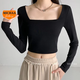 Áo Croptop TAY DÀI CỔ VUÔNG Nữ Thun Borip Ulzzang Cổ Vuông Kiểu Ôm Body Đẹp MICHAA CR24