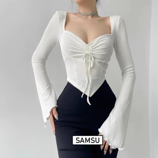 Áo croptop tay dài dây rút vạt nhọn cúp ngực phong cách Hàn Quốc sexy chất thun gân co dãn Samsu.clothing_saigon