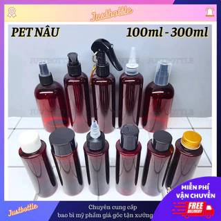 Lọ Chiết Mỹ Phẩm Nâu 100Ml 250Ml 300Ml - Chai Nhựa Pet Đựng Dầu Gội Sữa Tắm Có Nắp Vòi Nhấn Xịt Phun Sương Nắp Bật Nhôm