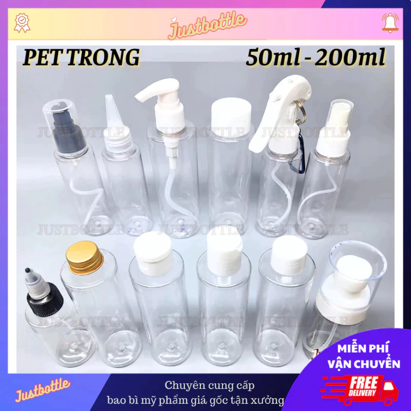 Chai Nhựa Trong 50Ml 100Ml 150Ml 200Ml Lọ Chiết Mỹ Phẩm Vai Ngang Có Vòi Nhấn Xịt Phun Sương Bodymist Khoáng Thơm Giọt