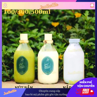 Chai Lọ Thủy Tinh Nắp Nhựa Nút Bần Gỗ 100Ml 300Ml 500Ml Tròn Trong Suốt Đựng Nước Uống, Sữa, Nước Ép Trái Cây