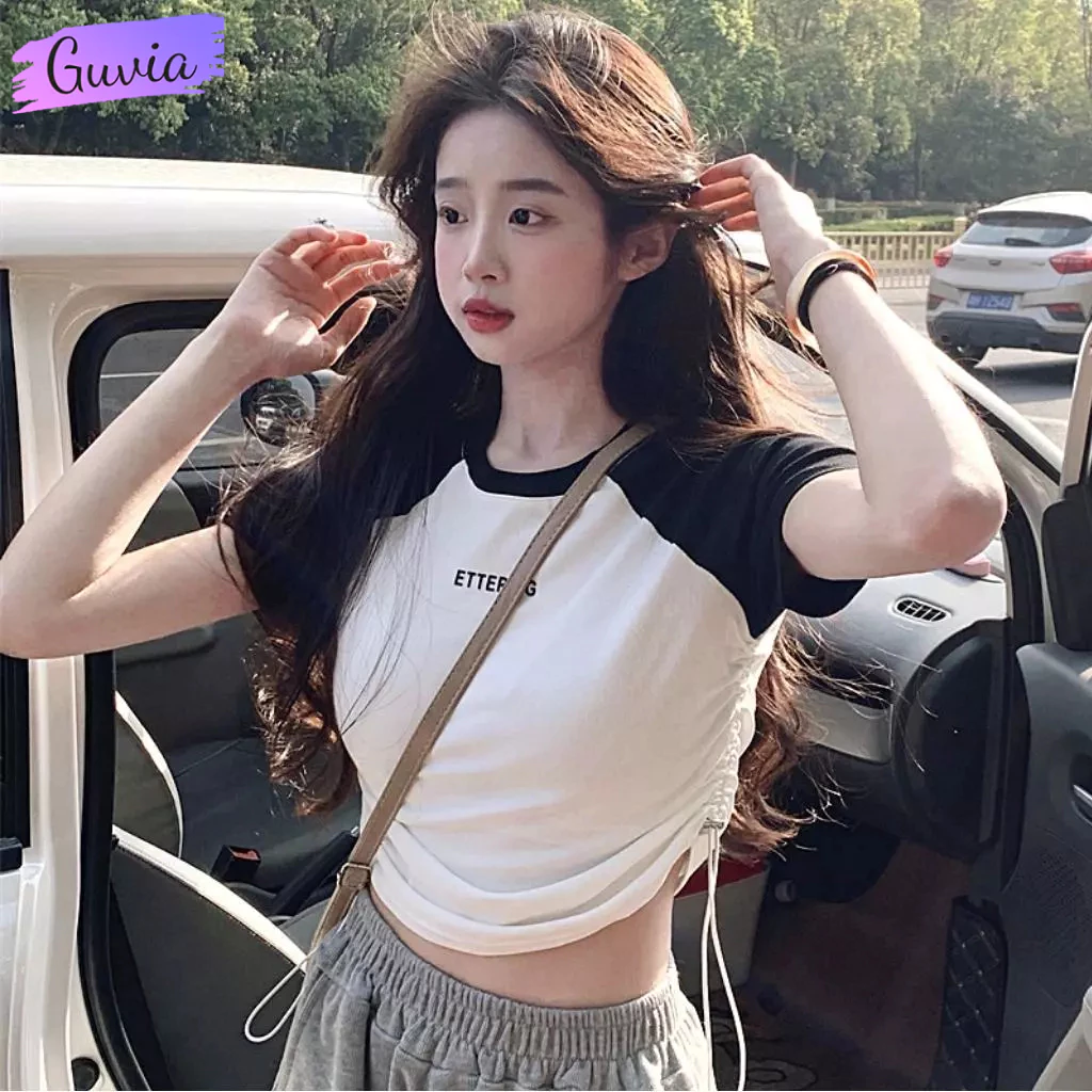 Áo Croptop Nữ LETTERING Tay Ngắn Ôm Body, Áo Baby Tee Dáng Croptop Kiểu Rút Dây Sexy Chất Borip GUVIA CR190