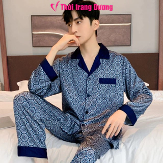 Bộ pyjama nam dài tay/ ngắn tay phối họa tiết nổi bật vải lụa satin mềm mại, thoáng mát NG0503 - Thời Trang Dương