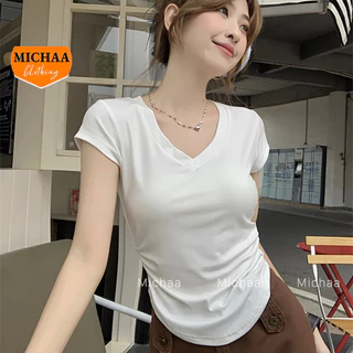 Áo Croptop Tay Ngắn CỔ TIM NHÚN EO Bên Ôm Body, Áo Thun Croptop Kiểu Vạt Bầu Sexy Chất Thun Gân MICHAA CR191