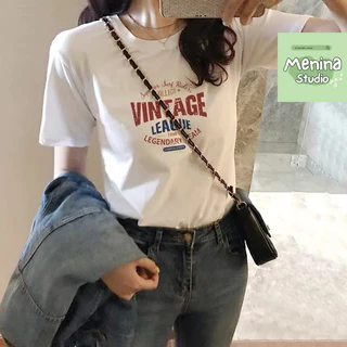 Áo thun nữ cổ tròn in VINTAGE MENINA_STUDIO, áo thun nữ form rộng vải cotton 100%