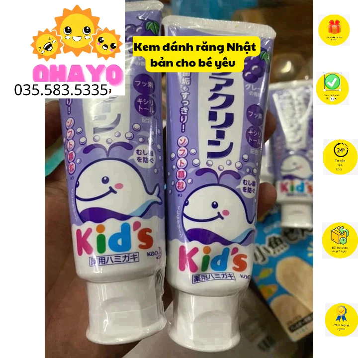 Kem Đánh Răng Cho Bé Kao Kids Nhật Bản vị dâu Có Thể Nuốt Được Chống Sâu Răng OHAYO