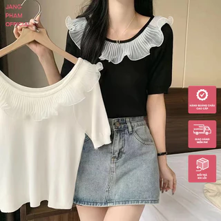 Áo thun len tăm dệt kim cổ tròn phối bèo tay lỡ dáng croptop phong cách Hàn Quốc