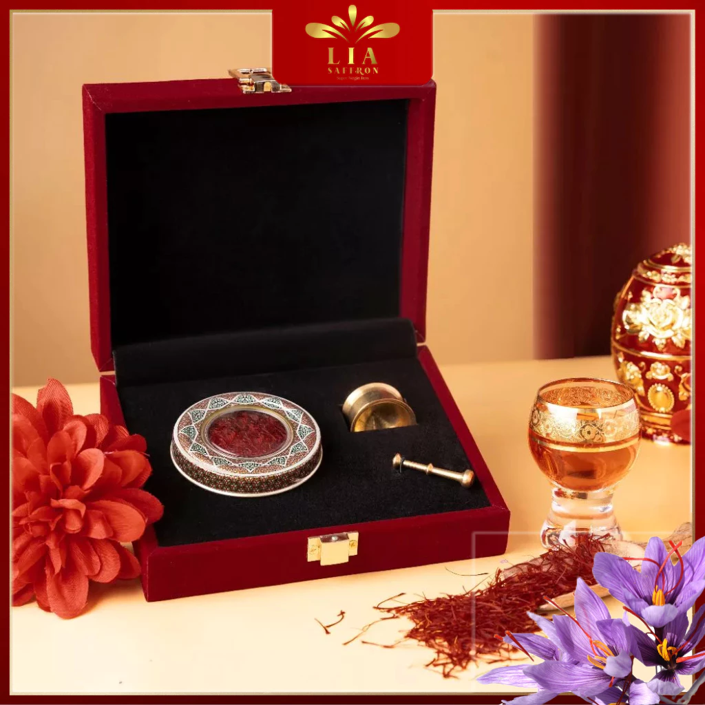 Set Quà Tặng: 1 Gram Saffron Nhuỵ Hoa Nghệ Tây Super Gold Mohammad & Cối Giã Tay, Hộp Nhung Cao Cấp