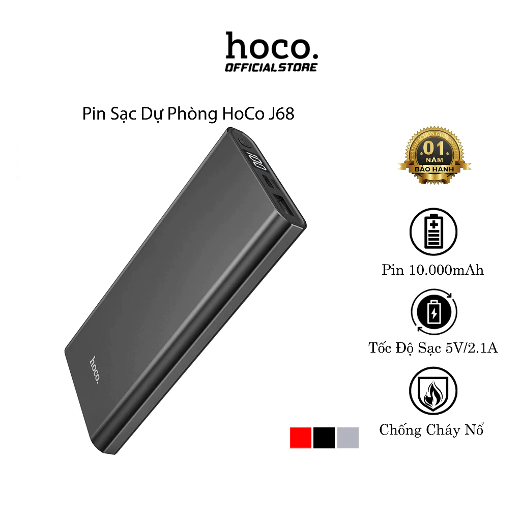 Pin Sạc Dự Phòng HOCO J68, Dung Lượng 10000mAh, Đầu Vào Micro/Type-C, Cổng Ra USB 2A, Màn Hình LED Hiển Thị Pin.