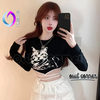 Áo Croptop Ôm Body HÌNH MÈO Dây Quấn Bụng Đẹp Sexy Nữ, Áo Thun Chất Borip Kiểu In Thời Trang Hàn Quốc OWL CORNER