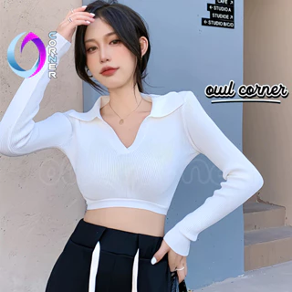 Áo Croptop Nữ Tay Dài CỔ BẺ XẺ V Ôm Body, Áo Thun Croptop Kiểu Sexy Hàn Quốc Chất Thun Gân OWL CORNER