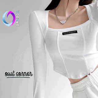 Áo Croptop Nữ Cổ Vuông Tay Dài LOGO NGỰC Đẹp Ôm Body, Áo Thun Chất Borip Kiểu Sexy Thời Trang Hàn Quốc  OWL CORNER