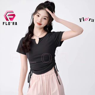 Áo Croptop TAY NGẮN CỔ XẺ V RÚT DÂY 2 BÊN Chất Thun Borip Kiểu Trơn Sexy, Áo Thun Nữ Ôm Body Đẹp Tôn Dáng Flo'ra