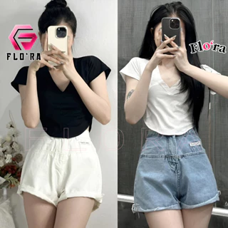 Áo Croptop TAY NGẮN CỔ TIM VẠT BẦU Chất Thun Cotton Kiểu Trơn Sexy, Áo Thun Nữ Ôm Body Đẹp Tôn Dáng Flo'ra