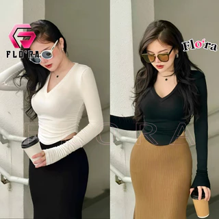 Áo Croptop TAY DÀI CỔ TIM VẠT BẦU Chất Thun Gân Kiểu Trơn Sexy, Áo Thun Nữ Ôm Body Tôn Dáng Flo'ra