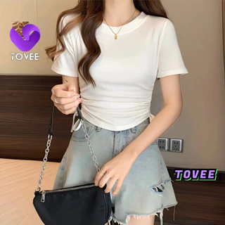 Áo Croptop Nữ TAY NGẮN CỔ TRÒN RÚT DÂY 2 BÊN form ôm body, Áo thun crt kiểu sexy chất thun borip đẹp TOVEE