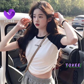 Áo Croptop Nữ LETTERING Thêu cổ tròn form ôm body, Áo thun crt kiểu sexy chất thun borip đẹp TOVEE