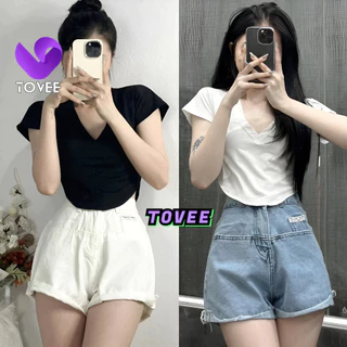 Áo Croptop Nữ Tay Ngắn CỔ TIM VẠT BẦU form ôm body, Áo thun crt kiểu sexy chất thun cotton đẹp TOVEE