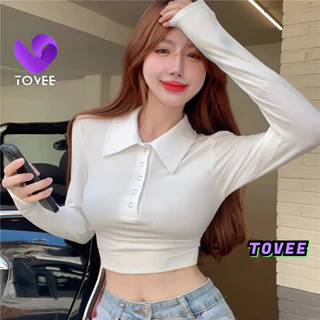 Áo Croptop Nữ Tay Dài CỔ POLO NÚT BẤM form ôm body, Áo thun crt kiểu sexy chất thun gân đẹp TOVEE