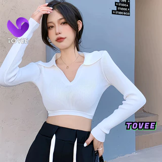 Áo Croptop Nữ Tay Dài CỔ BẺ XẺ V form ôm body, Áo thun crt kiểu sexy chất thun borip đẹp TOVEE