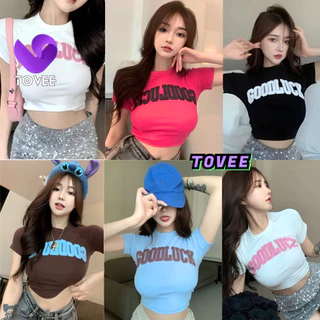 Áo Croptop Nữ GOODLUCK tay ngắn cổ tròn form ôm body, Áo thun crt kiểu sexy in chất thun borip đẹp TOVEE