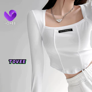 Áo Croptop Nữ Tay Dài CỔ VUÔNG LOGO tay ngắn form ôm body, Áo thun crt kiểu sexy chất thun borip đẹp TOVEE