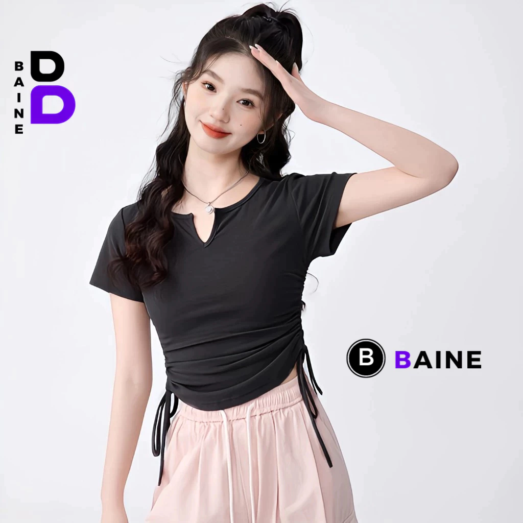 Áo Croptop TAY NGẮN CỔ XẺ V RÚT DÂY 2 BÊN Ôm Body Nữ, Áo Thun Crt Kiểu Sexy Chất Borip Đẹp BAINE