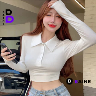 Áo Croptop TAY DÀI CỔ POLO NÚT BẤM Ôm Body Nữ, Áo Thun Crt Choàng Cổ Kiểu Sexy Chất Gân Đẹp BAINE