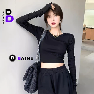 Áo Croptop TAY DÀI CỔ TRÒN Chất Thun Gân Kiểu Sexy Nữ, Áo Thun Ôm Body Đẹp Tôn Dáng BAINE