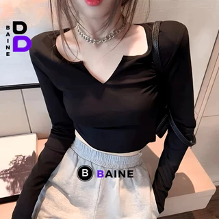 Áo Croptop CỔ KHOÉT V TAY DÀI Chất Thun Borip Kiểu Sexy Nữ, Áo Thun Ôm Body Đẹp Tôn Dáng BAINE