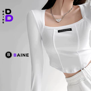 Áo Croptop TAY DÀI LOGO NGỰC Cổ Vuông Chất Thun Borip Kiểu Sexy Nữ, Áo Thun Ôm Body Đẹp Tôn Dáng BAINE