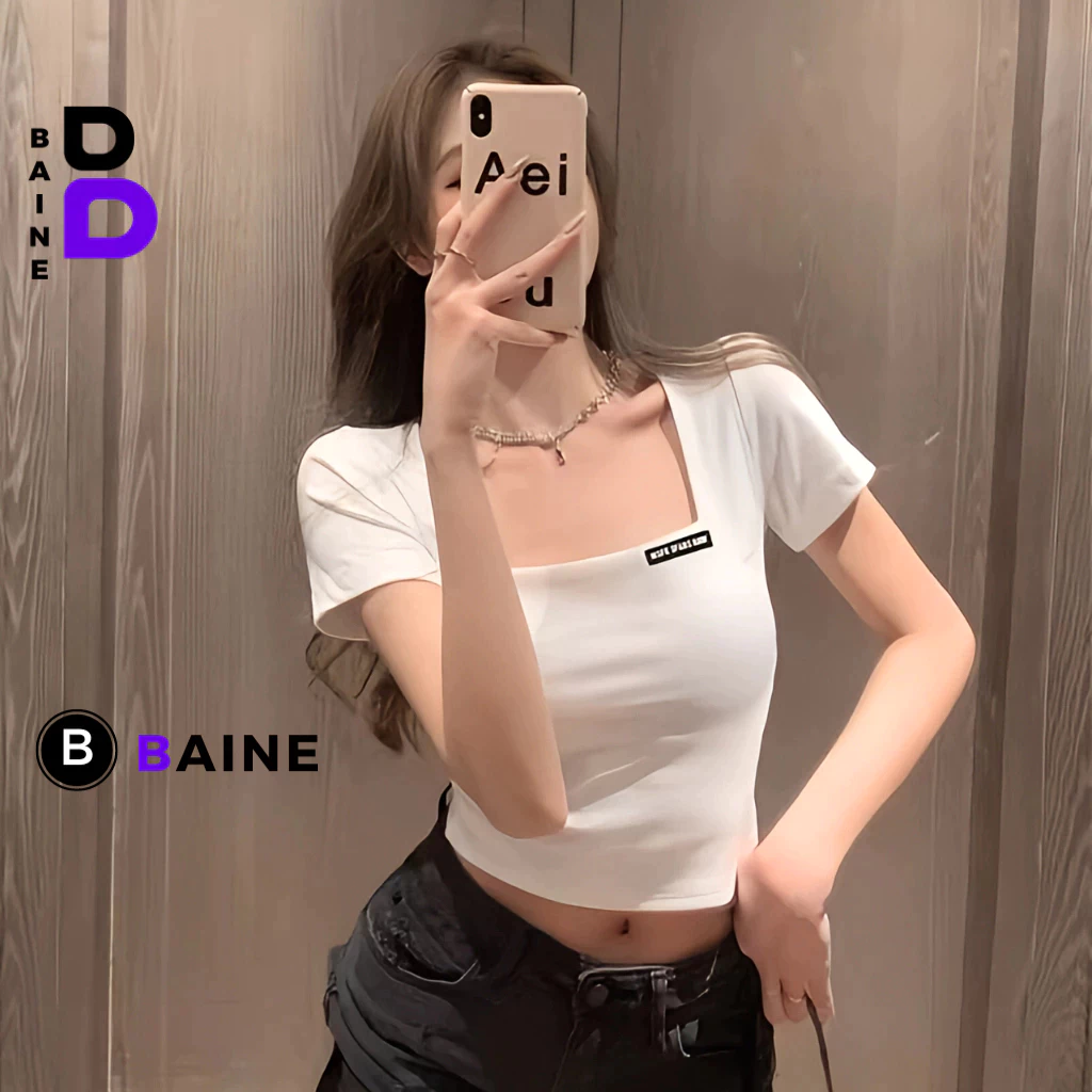 Áo Croptop Tay Ngắn THÊU LOGO Cổ Vuông Chất Thun Tăm Kiểu Sexy Nữ, Áo Thun Ôm Body Đẹp Tôn Dáng BAINE