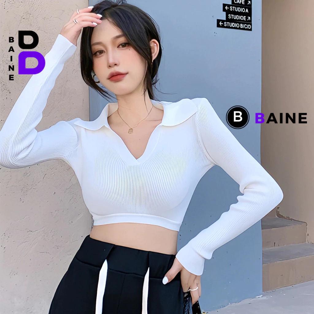 Áo Croptop TAY DÀI CỔ BẺ XẺ V Chất Thun Borip Kiểu Sexy Nữ, Áo Thun Ôm Body Đẹp Tôn Dáng BAINE