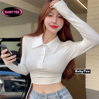 Áo Croptop TAY DÀI CỔ POLO NÚT BẤM Ôm Body Nữ, Áo Thun Crt Choàng Cổ Kiểu Sexy Chất Gân Đẹp