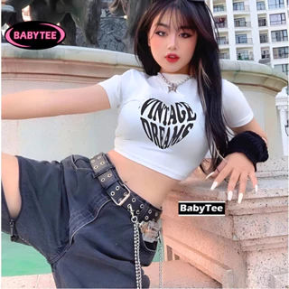 Áo Croptop ôm body nữ VINTAGE cổ tròn tay ngắn BABYTEE, Áo thun crt kiểu sexy in chất borip