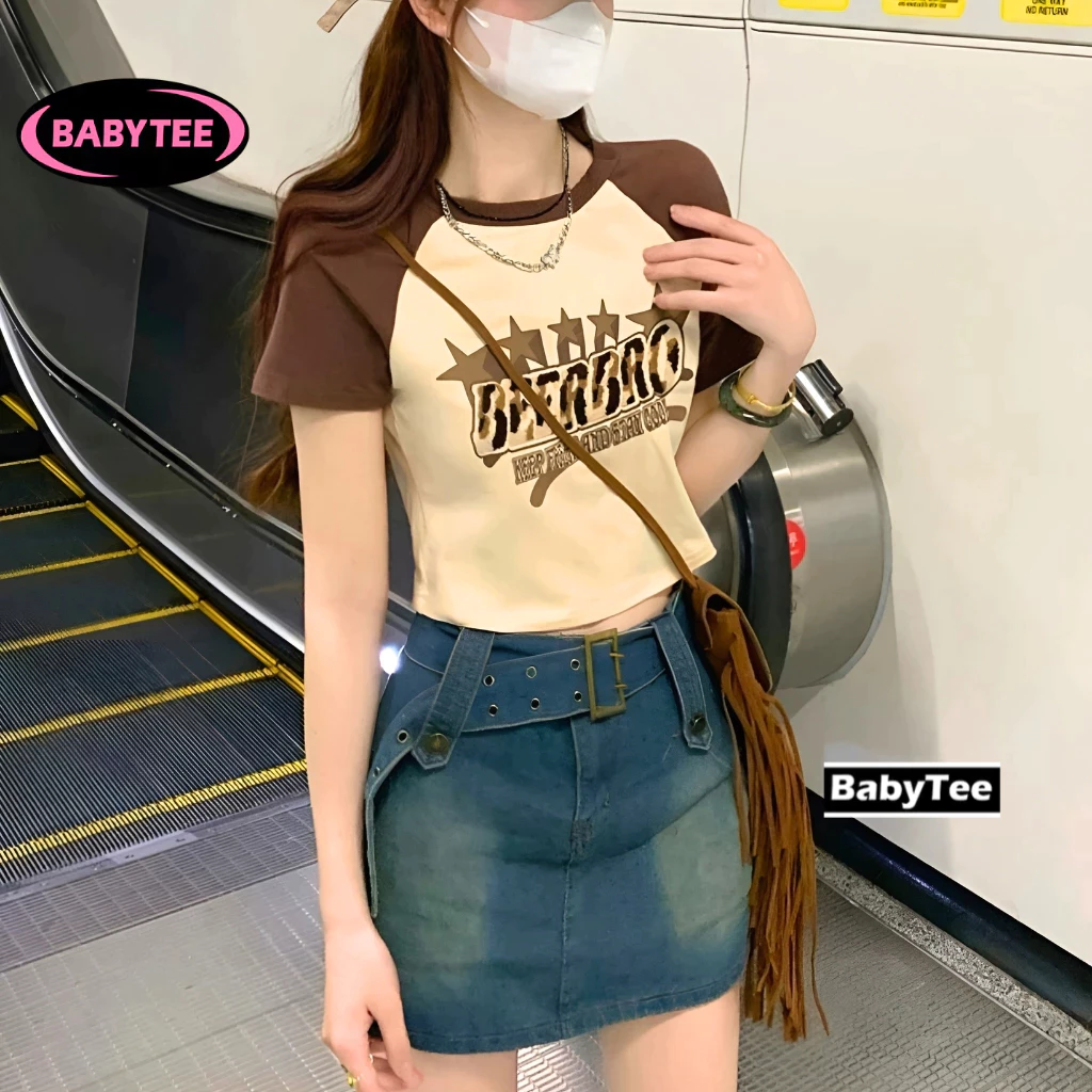 Áo Croptop ôm body nữ BEER BRO cổ tròn tay ngắn BABYTEE, Áo thun crt kiểu sexy in chất borip đẹp