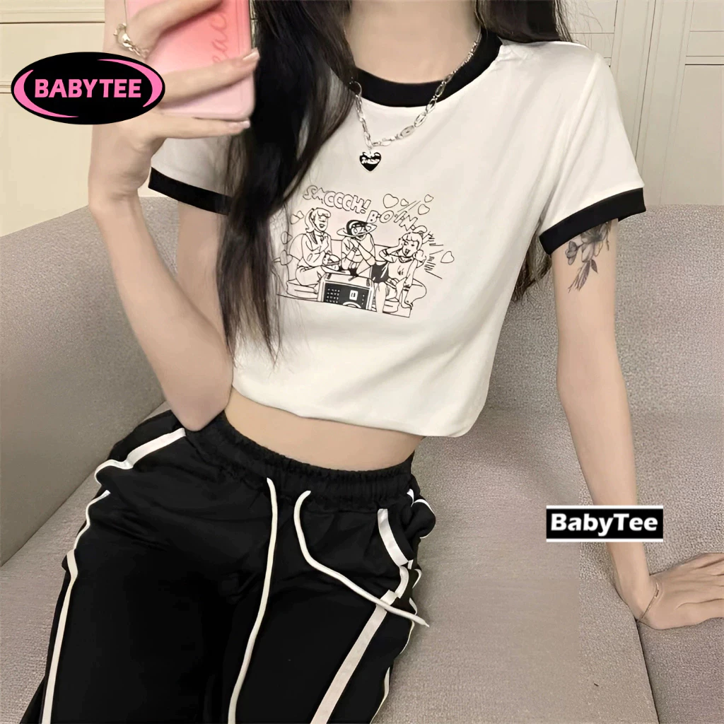 Áo Croptop ôm body nữ SMOOCH TIM cổ tròn tay ngắn BABYTEE, Áo thun crt kiểu sexy in chất borip