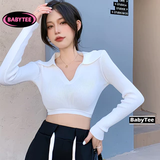 Áo Croptop TAY DÀI CỔ BẺ XẺ V Nữ trơn ôm body chất tốt BABYTEE, Áo CRT kiểu nữ ôm thun borip mềm mát