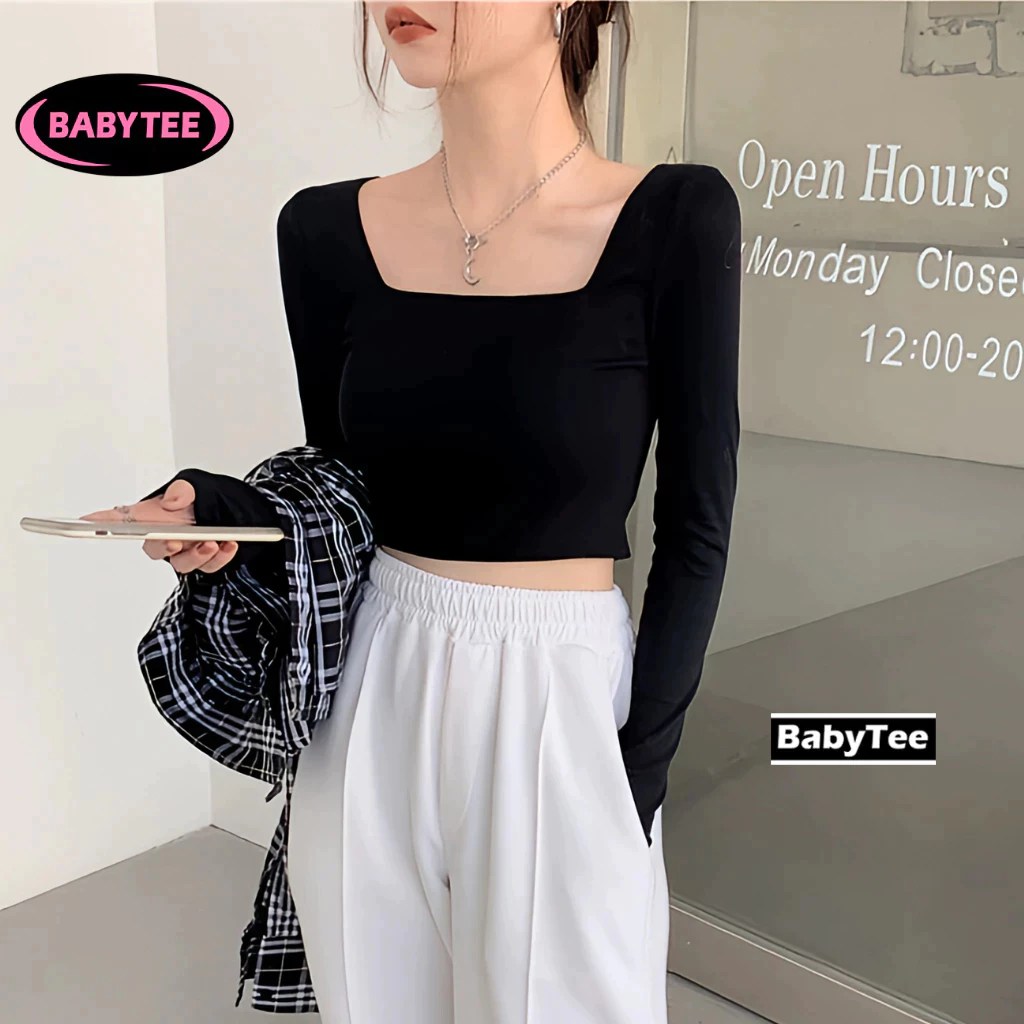 Áo Croptop TAY DÀI CỔ VUÔNG Nữ trơn ôm body chất tốt BABYTEE, Áo CRT kiểu nữ ôm thun borip mềm mát