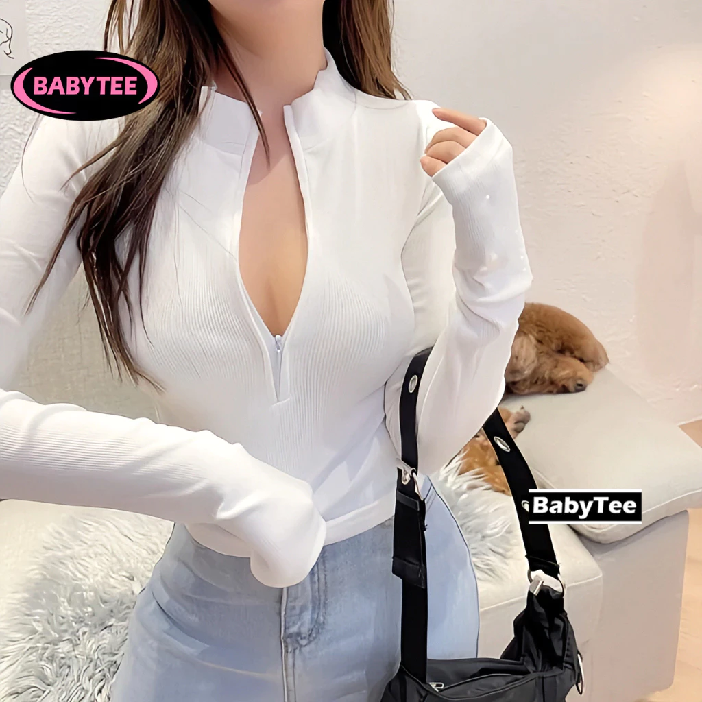 Áo Croptop TAY DÀI CỔ CAO DÂY KÉO Nữ trơn ôm body chất tốt BABYTEE, Áo CRT kiểu nữ ôm thun gân mềm mát