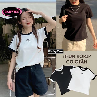 Áo BABY TEE CHỮ B tay ngắn cổ tròn dáng dài, Áo thun ôm body kiểu basic chất borip in hình đẹp