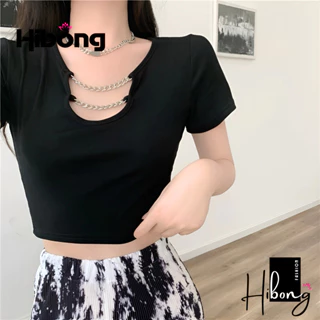 Áo Croptop Nữ TAY NGẮN CỔ U PHỐI XÍCH ôm body chất tốt, Áo CRT trơn nữ thun borip co dãn tốt HIBONG