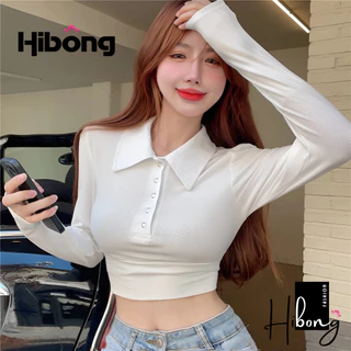 Áo Croptop TAY DÀI CỔ POLO NÚT BẤM Ôm Body Nữ, Áo Thun Crt Choàng Cổ Kiểu Sexy Chất Gân Co Giãn HIBONG