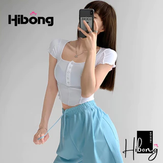 Áo Croptop TAY NGẮN CỔ VUÔNG NÚT BẤM Ôm Body Nữ, Áo Thun Crt Choàng Cổ Kiểu Sexy Chất Gân Co Giãn HIBONG