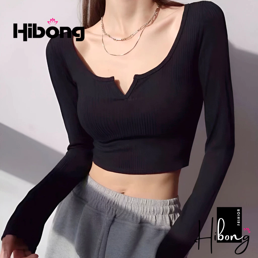 Áo Croptop TAY DÀI CỔ KHOÉT V trơn ôm body chất tốt, Áo CRT kiểu nữ ôm thun borip mềm mát HIBONG