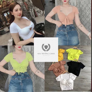 Áo croptop nữ kiểu thun gân len 4 chiều cột nơ  ( có mút )