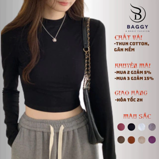 Áo croptop nữ tay dài cổ tròn dáng form ôm body vải cotton màu trắng đen be tím nâu hồng đỏ BG278