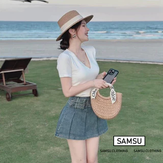 Áo thun nữ cổ V tay ngắn chất borip co dãn ôm body phong cách Hàn Quốc mùa hè năng động Samsu.clothing_saigon