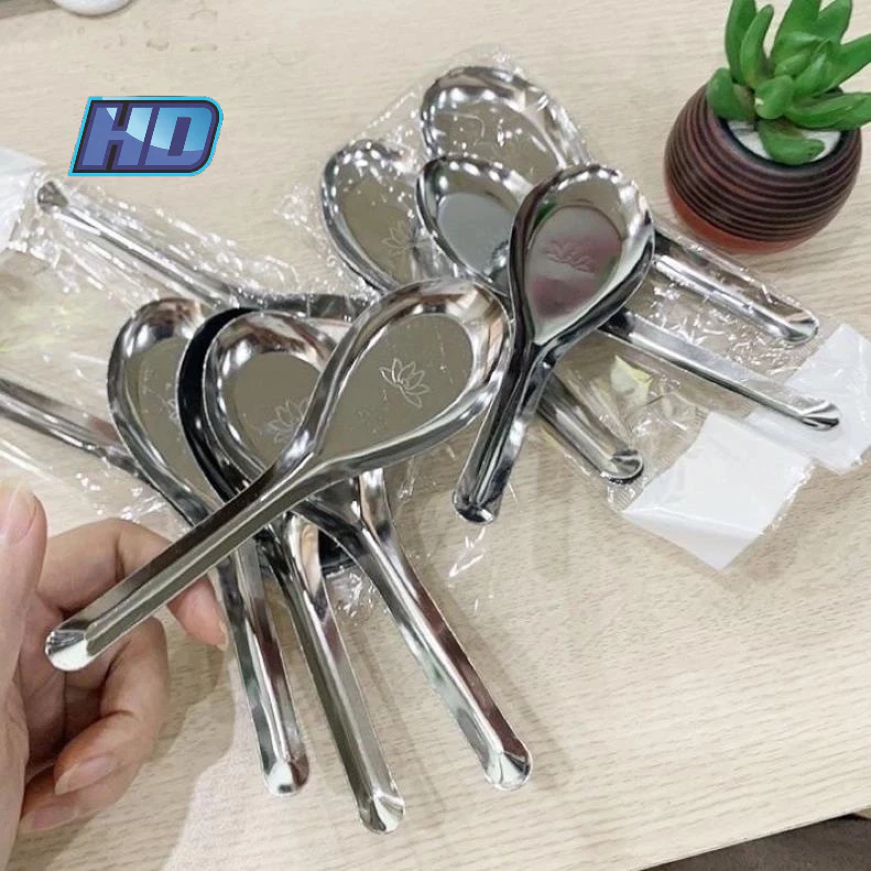 Combo 10 Thìa ăn phở inox hàng indo sáng bòng không gỉ, môi phở in hoa sen