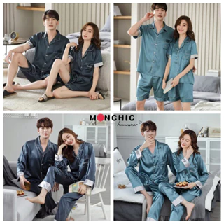 Pijama nam nữ lụa cao cấp Đồ mặc nhà nam nữ sang trọng lụa mát Đồ ngủ đôi pyjama trơn họa tiết dài ngắn tay thời trang